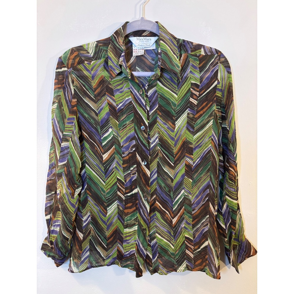 Max Mara Italy Brown & Green Chevron Print Silk Blouse 8 Sheer
